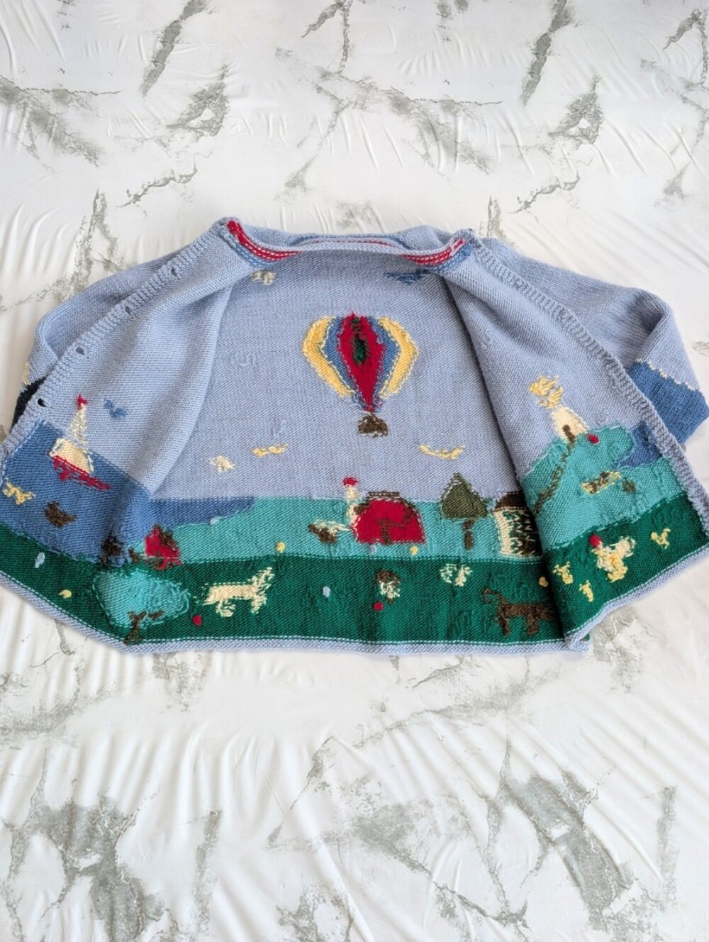 Rare Vintage Hand Knitted Graphic Hot Air Folk Sweater Cardigan Women's Large - Picture 9 of 11